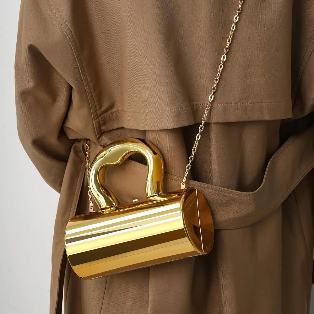 Women's Barrel Acrylic Clasp Removable Strap Lift Up Lock Gold Clutch Purse